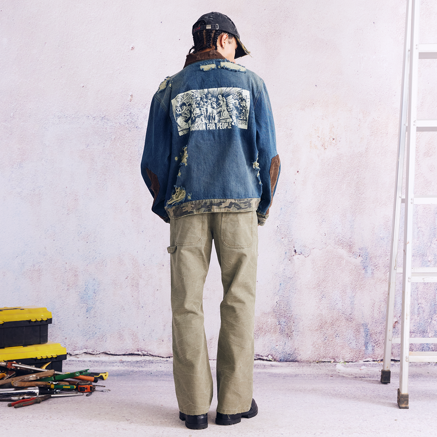 BURNIN* "Burnin for people" camouflage splicing damaged patch denim jacket - PSYLOS 1, BURNIN* "Burnin for people" camouflage splicing damaged patch denim jacket, T-Shirt, Burnin, PSYLOS 1